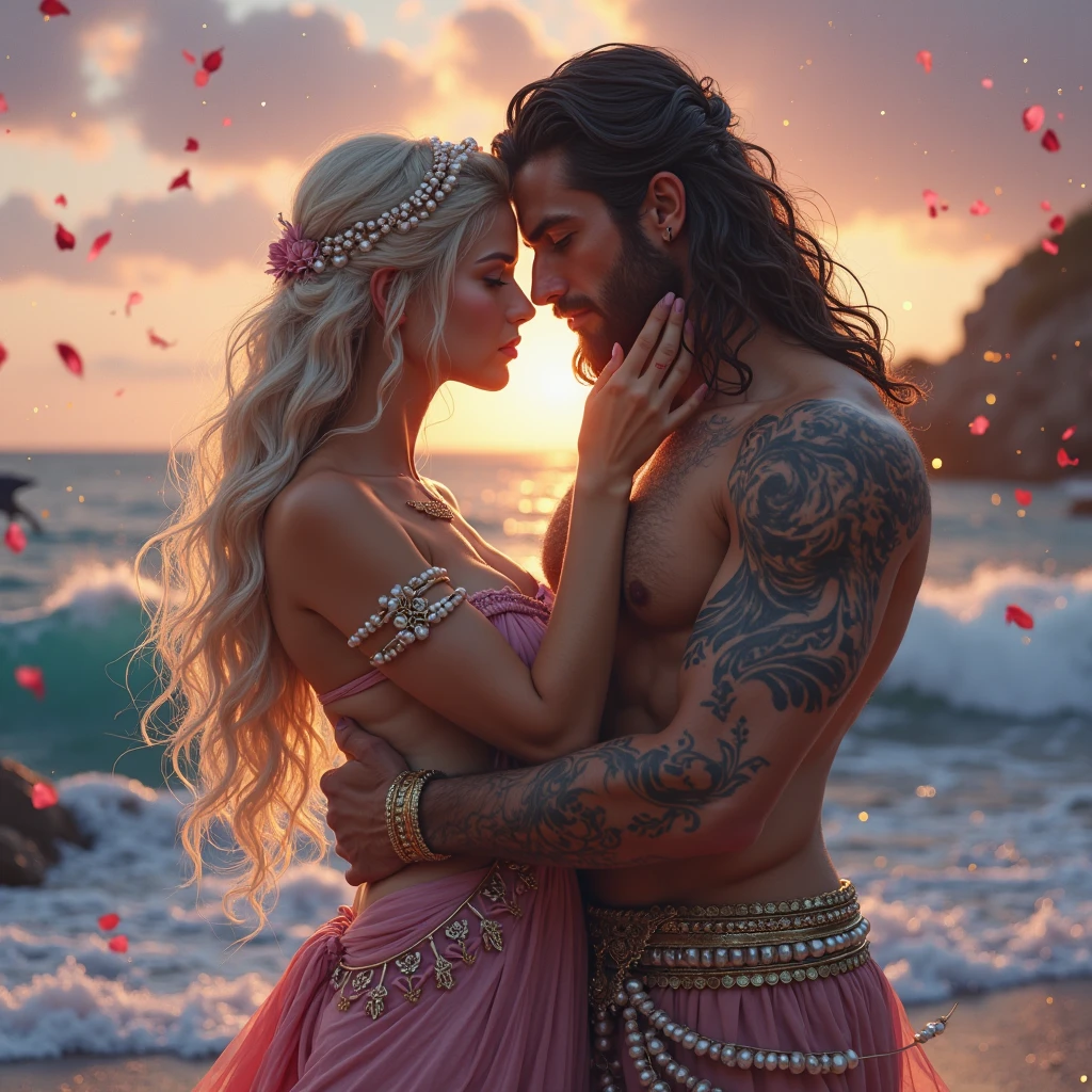 An Indian man wearing an orange dhoti dress and a blonde skin Portuguese princess girl wearing a blue and gold dress with a gold crown. The Indian man is holding the Portuguese princess' hand as they both look at the camera. The background is a beach with white sand and blue water. The image is in a romantic style, with soft lighting and a dreamy atmosphere