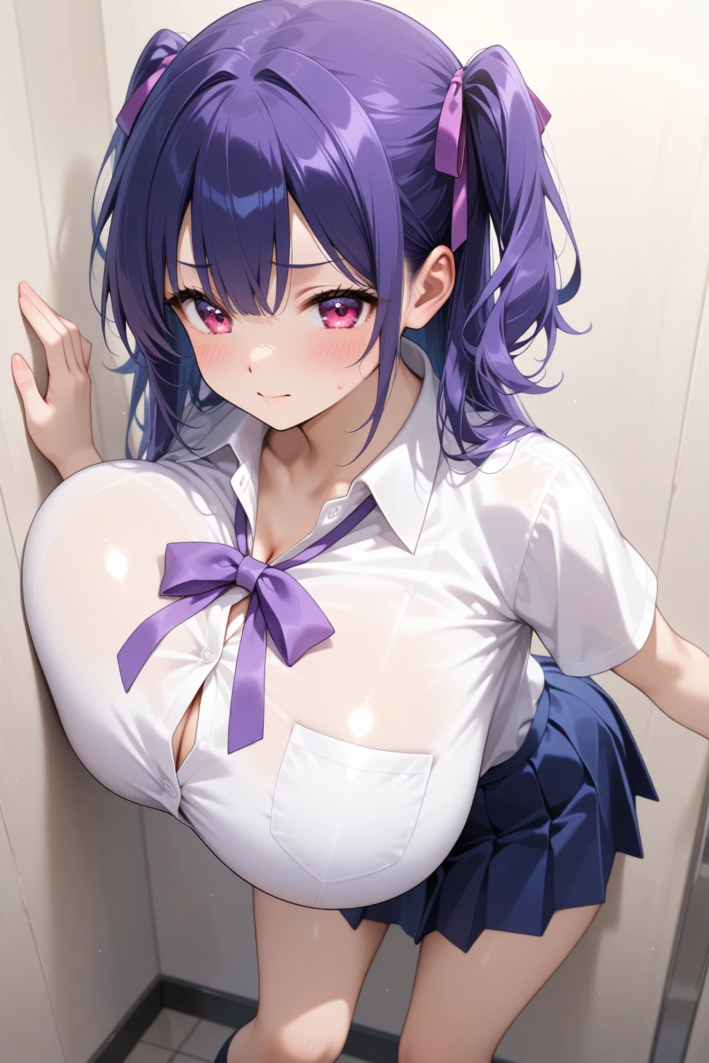 {Highest quality}. {so beautiful}. {Super detailed}, {Best illustrations}, Browsing Caution、((Disgusted face))、((school uniform))、Big penis、Titty fuck、Breast massage、Semen、顔にSemenをかけられてよだれを垂らしている女性、((Putting a penis between her boobs))、Small breasts、Baby Face、Glare、semen、shame、butterfly、Black Hair、Purple eyes、White skin、Focus on the face、Shoot from the front、Public toilet