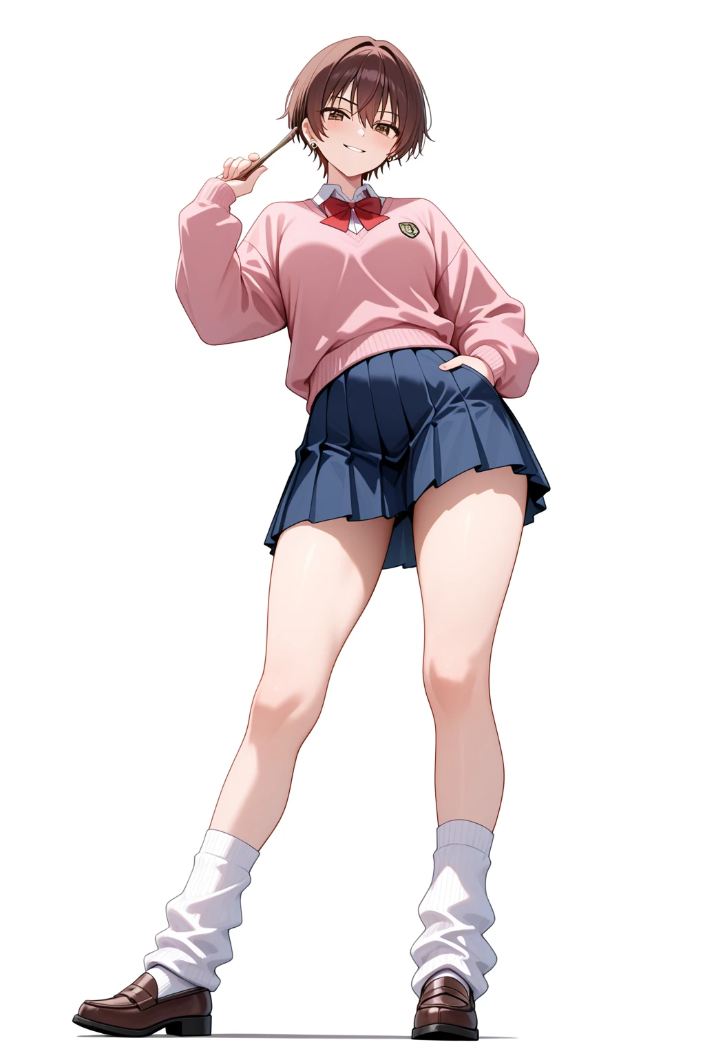 (top-quality、masterpiece)、1girl in、A stunning、A smile、a blond、barechested、School Uniforms、A stunning、Brown-skinned、sun burn、Mole、(Colossal tits)、large full breasts、Sheer areol、Kicking、Pink underwear is visible