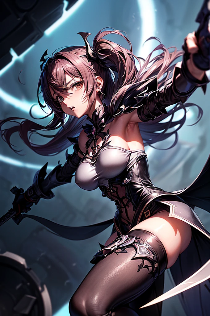 ((blindfold)), holy paladin, scythe, dark Heavy armor, absurdres, RAW photo, extremely delicate and beautiful, masterpiece, Best Quality, ultra high resolution, 32k, hyperrealistic, ultra-detailed, detailed description, pale skin, 20 years old, tearful mole, earring, Colossal tits, short medium hair, wavy hair, evil grin, whole body shot,