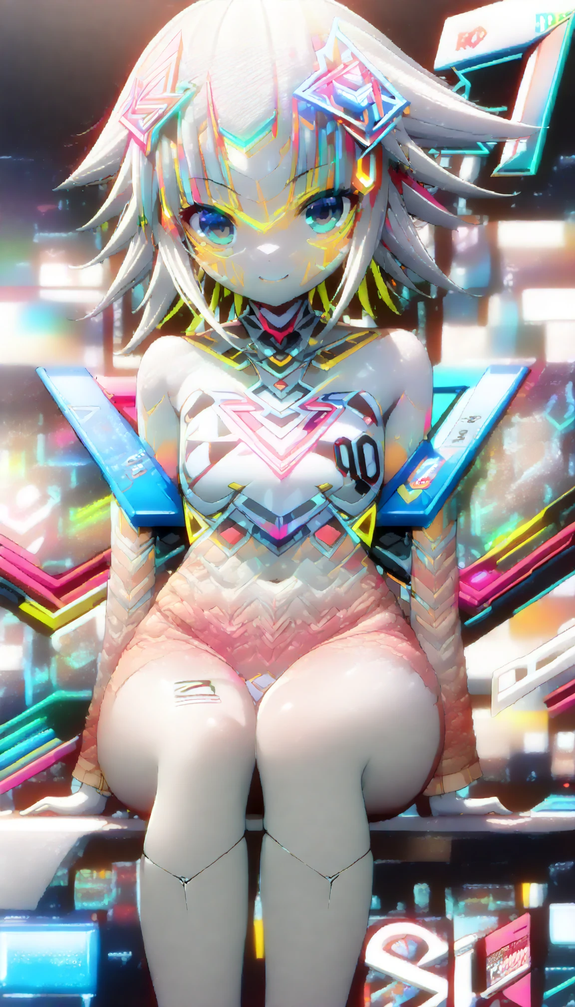 (((Masterpiece))),(((best quality))),((Ultra Detail)),(Clarity),Angel Maiden,Wear revealing clothing,White long straight hair,Wearing a collar around the neck,Charming long legs