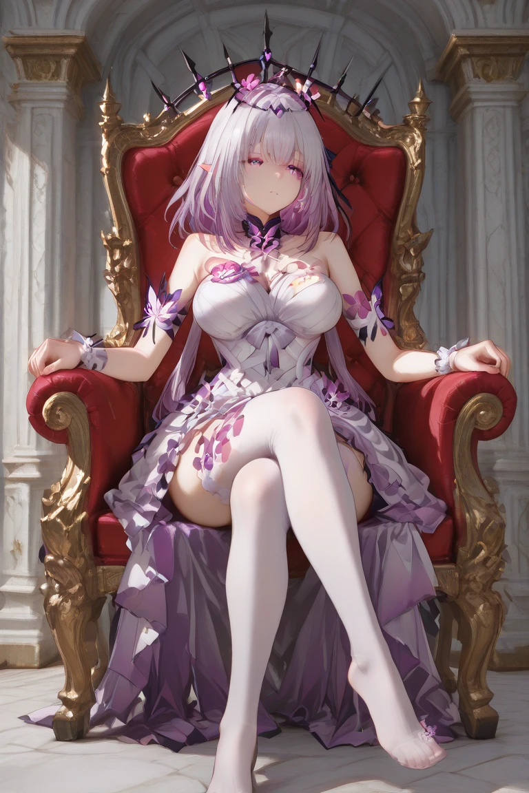 score_9, score_8_up, score_7_up, score_6_up, uncensored, quinella, absurdly long hair, purple eyes, long hair, parted bangs, purple hair, very long hair, hair ornament, horny face, blush face, lips, naughty face, sweating, steaming body, curvy, voluptuous, 1girl, sitting, (spread legs), solo, jewelry, earrings, throne, dress, full_body, bare_shoulders, looking_at_viewer, crown, breasts, white_dress, simple_background, glowing eyes,