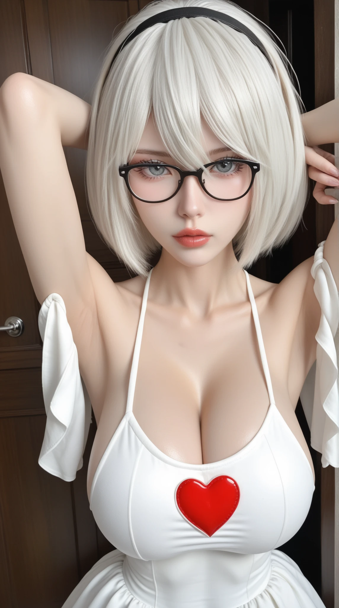 Gentle expression, Lie in, White glasses, Short white hair, (8K, RAW Photos, Realistic:1.25) ,( Lip gloss, eyelash, Shining Face, Shiny skin, Highest quality, Ultra-high resolution , Written boundary depth, chromatic aberration, Caustics, Wide Light, Natural Shadows, K-POPアイドル) She gazes at the viewer with a calm, goddess-like expression of bliss., whole body, Big Breasts, White underwear, Black Stockings, White shirt, secretary、smile、(Full Shot:1.8)