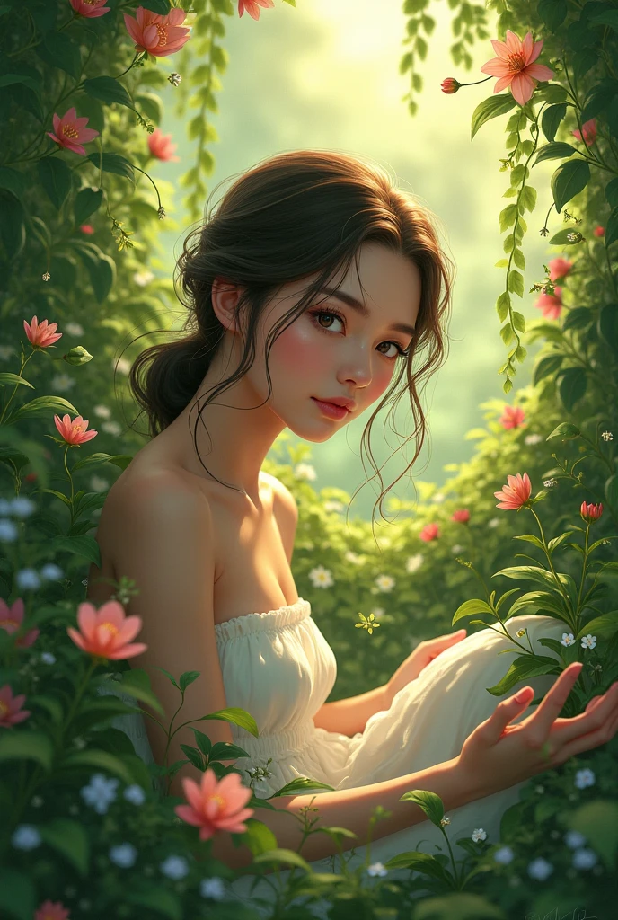Nude girl in the garden,illustration,detailed flowers,Best quality,A high resolution,Ultra-detailed,Realistic,Intricate details,Soft lighting,Vibrant colors,Bokeh,Peaceful atmosphere,Tranquil Mood,serene environment,The harmony between nature and human existence