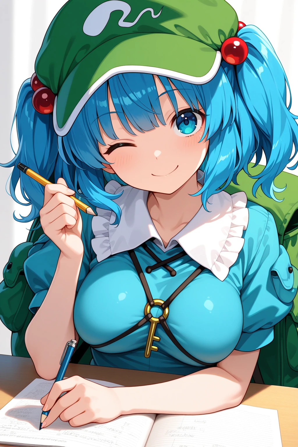 highest quality、masterpiece、touhou project、 nitori kawashiro、Blue work clothes、boots、whole body、smile、Riverside、Having cucumbers