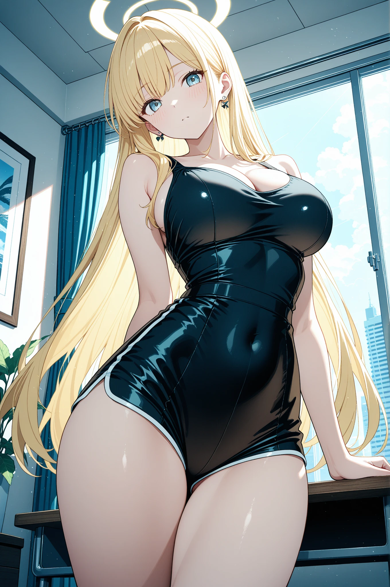 blonde hair, long hair, ponytail, blue eyes, black and white striped jumpsuit, prison uniform, prisoner, prisoned, jailed, jail cell, huge breasts