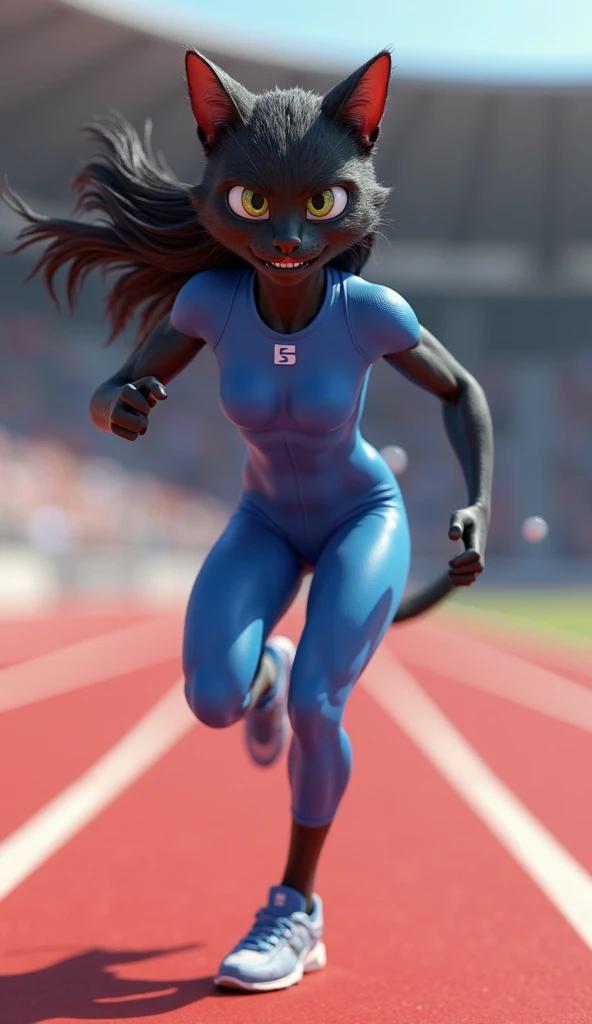 Woman doing athletics,(Highest quality,Extremely detailed depiction,Incredibly absurd high resolution,Anatomically accurate depiction),(Glowing Skin,Shiny skin,Running Wear,Sweat,chest),Jump,SFW:1.5,background:Athletics Stadium