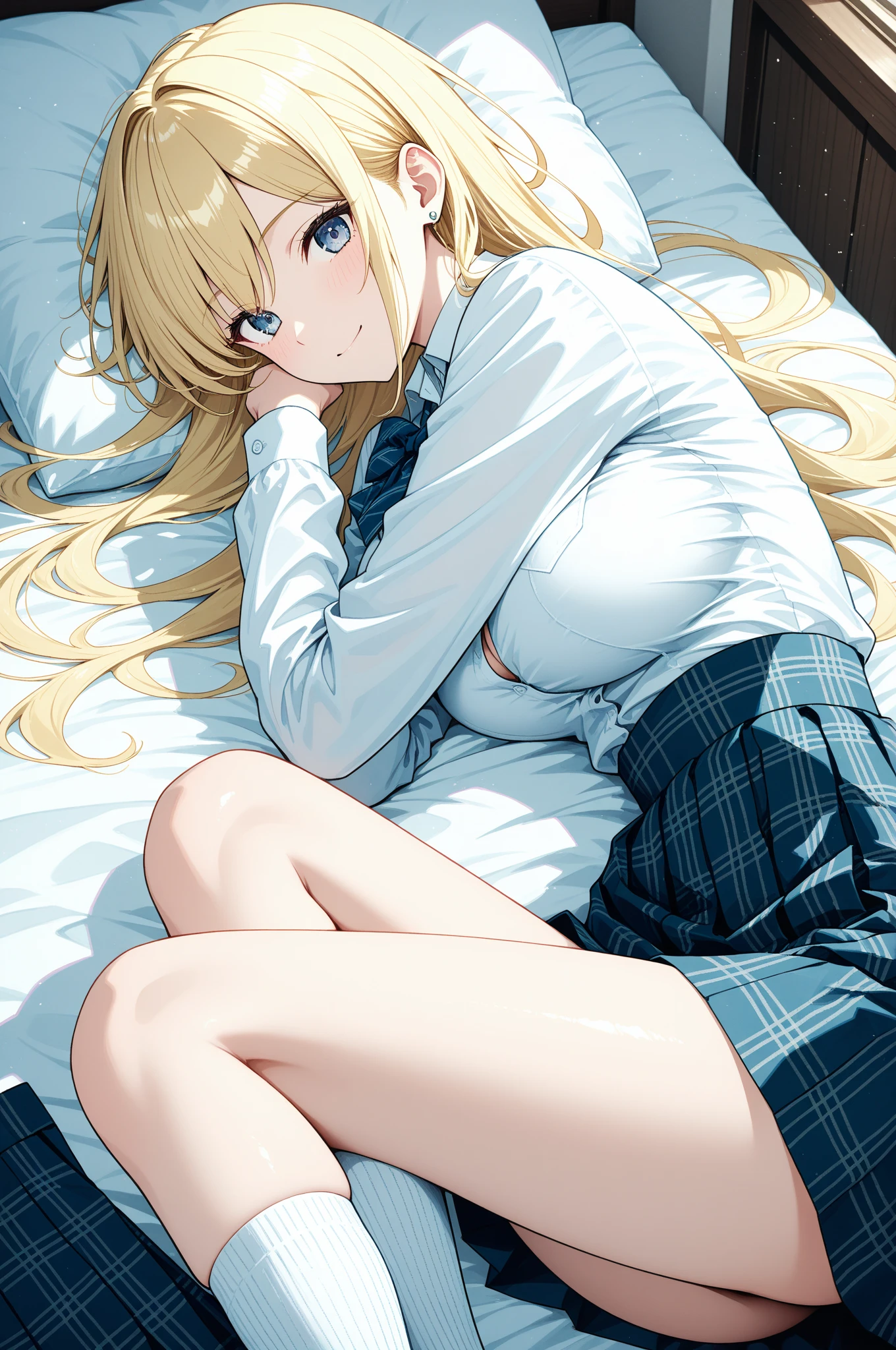 photorealisim、top-quality、超A high resolution、Japanese high school girl、School uniform、18year old、Girl lying with her legs open on the bed、low angle shot:1.5、Lying down with both legs open:1.5、((Show panties:1.5))、sexy look at the camera、((blondehair:1.2))、Side tail、Blue scrunchie、((Pink Silk Panties:1.0))、Close-up in panties:1.4、Light blue shirt、Dark blue tartan plaid pleated skirt、Dark blue socks、Detailed cute and beautiful face、(pureerosface_v1:0.008)、Brown-eyed、eye liner、red blush、embarrassed from、glares、 shiny lips: 1.4, impatience、Frightened、glares、Panty appeal、red blush、is crying、Crying、Dressing、Medium Long Hair,at bedroom、Anatomically accurate、perfect arms、perfect hand、Perfect fingers、perfect leg、