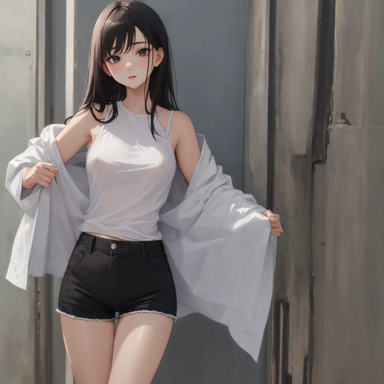((masterpiece,Highest quality:1.3,best quality illustration)),realistic,cowboy shot,独奏,1woman,(25 year old beauty),((very small head:1.3)),black hair,long hair,forehead,center parted bangs,black eyes,gorgeous big eyes,shy,((very long body,skinny)),medium breasts,gleaming skin,slender body,skinny,(oversized gray sweatshirt)、Denim Microshorts、standing,on street,Shinjuku、Tokyo、