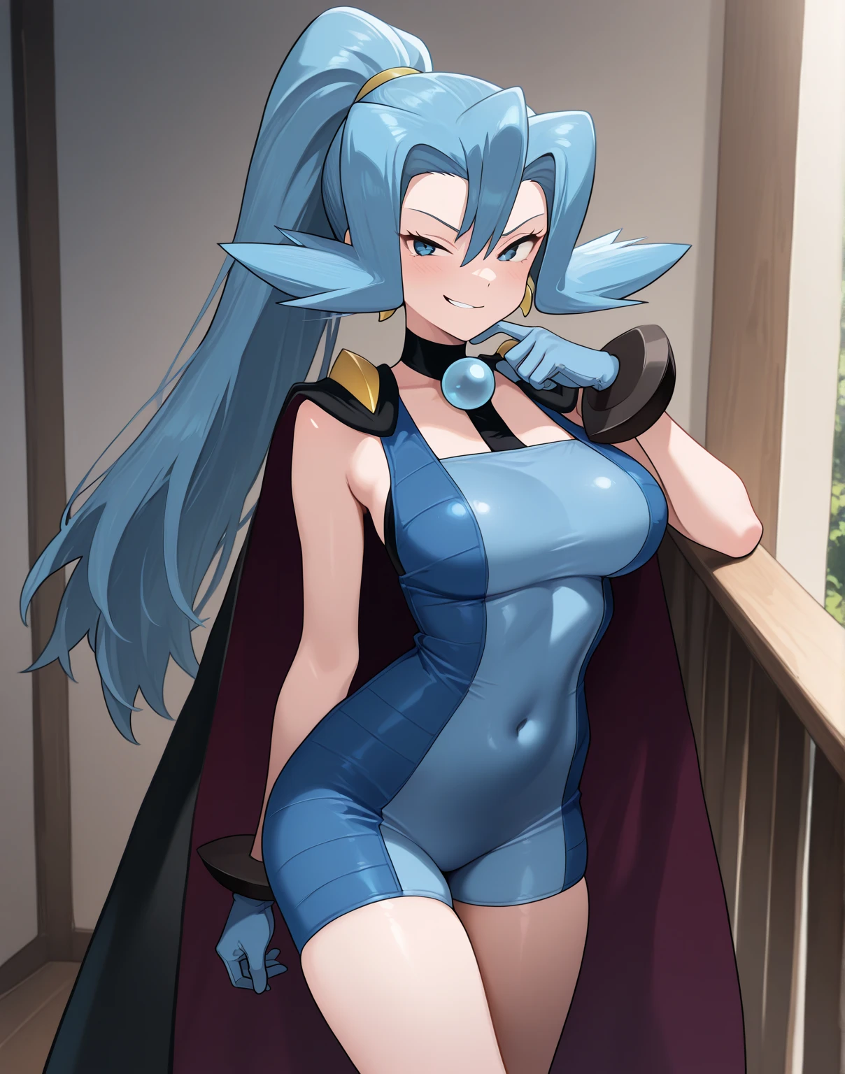 (navel cutout), navel exposed, Generate an illustration of a mature Clair, gym leader of pokemon, ponytail, holding a poke all, de terno preto, (blue lipstick:1.3), long hair, hair flows straight down, darkblue hair, (gigantic breasts:1.4), blue outfit in anime format with a serious style, (black cape), blue tights, blue boots, gothic make up, masterpiece, ((dark lighting)), black background, puffy lips,((slendered abs)), beautiful face,