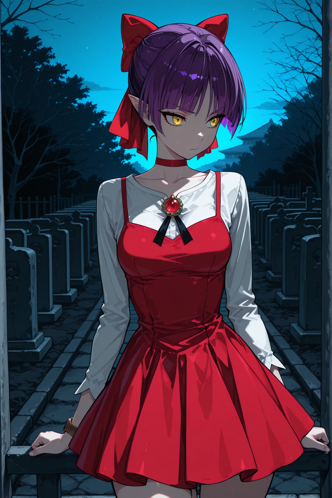 masterpiece, best quality , (1girl, solo, Catgirl, short hair, purple hair, one bundle of hair, hair ribbon, Red Bow , Yellow Eyes, pointed ears, red choker,medium chest, nekonedef, color bone, long sleeve, white shirt, brooch, mini dress, Pinaphore Dress, red dress,) , Once there are cotton and nurikabe/Japanese monsters.,Watch viewers,Japanese Cemetery,dynamic lighting,noon
