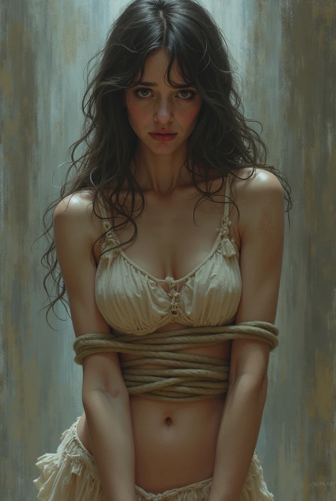 In a dimly lit room, a nude woman is tied up with a rope, her arms bound behind her back. She appears to be distressed, with her head bowed and body tense. The woman has long hair and is wearing a bracelet on her wrist. The focus is on her face and upper body, highlighting her vulnerability and helplessness. The image evokes a sense of captivity and fear. The woman''s body language suggests she is in a state of discomfort and distress. The scene is unsettling and raises questions about the circumstances surrounding her predicament.