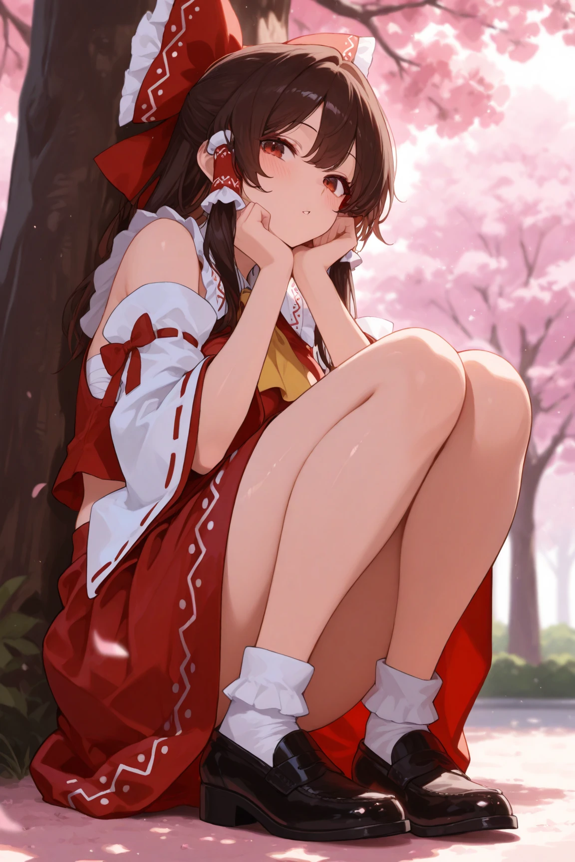 ((anime:)),,((best quality)), ((highly detailed)),(((sketch))) extremely detailed face, beautiful face,((1girl)),((solo)),shiny skin,((cowboy shot:)),reimu hakurei, (brown eyes:1.5), brown hair, bow, ((hair bow)), ((hair tubes)), long hair, ((red bow)), (sidelocks),
ascot, bare shoulders, ((detached sleeves)), embellished costume, frills, japanese clothes, nontraditional miko, red skirt, sarashi, skirt,((white sleeves)), ((wide sleeves)), yellow ascot,((pussy:1.35)),outdoors,((looking at)),,((park,bench:1.35)),((sitting:1.35)),((sit on bench:1.35)),,((nose blush:1.35)),(displeasure:1.25),angry,((navel)),socks,((white socks)),(knee socks:1.15),BREAK (dark brown footwear:1.15),((spread legs:1.35)),,(arm behind back:1.15)(from below),(anus)
