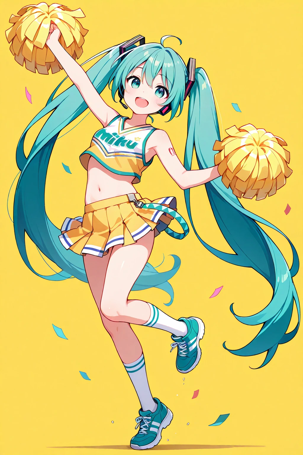 best quality, high detailed, Faint lips,UC:realistic, cinematic lighting petite 1girl green hair green eyes, seductive :> school_Uniform,  portrait , cheerleader uniform, skirt, dark orange pom_pom_(cheerleading):1.5 in both hands, smile, ground turf outdoor baseball park,  ((jumping floating hair)) head up hands aerial