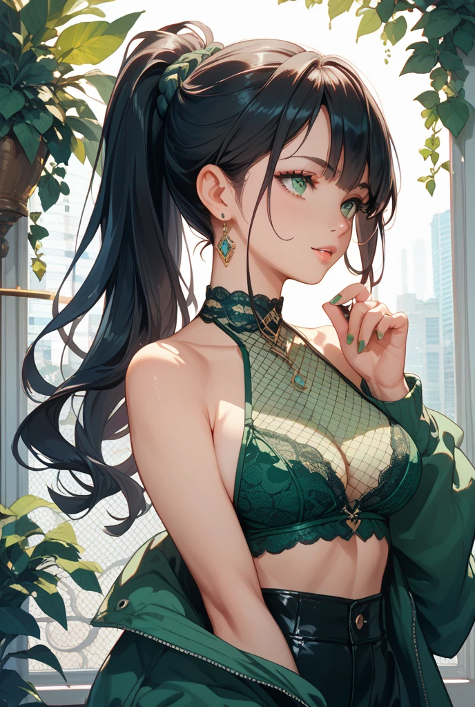 (masterpiece), best quality, expressive eyes, perfect face, (((loli))), legal age, lolibaba, (((small breasts))), (short black hair with low pigtails and with green streaks), ((Intricately detailed honeycomb yellowish brown color mosaic leggings and halter top)), (((blushing, embarrassed))), (bedroom), sitting, (((legs wide open))), ((sexy pose)), hd, hdr, uhd, 4k, 8k