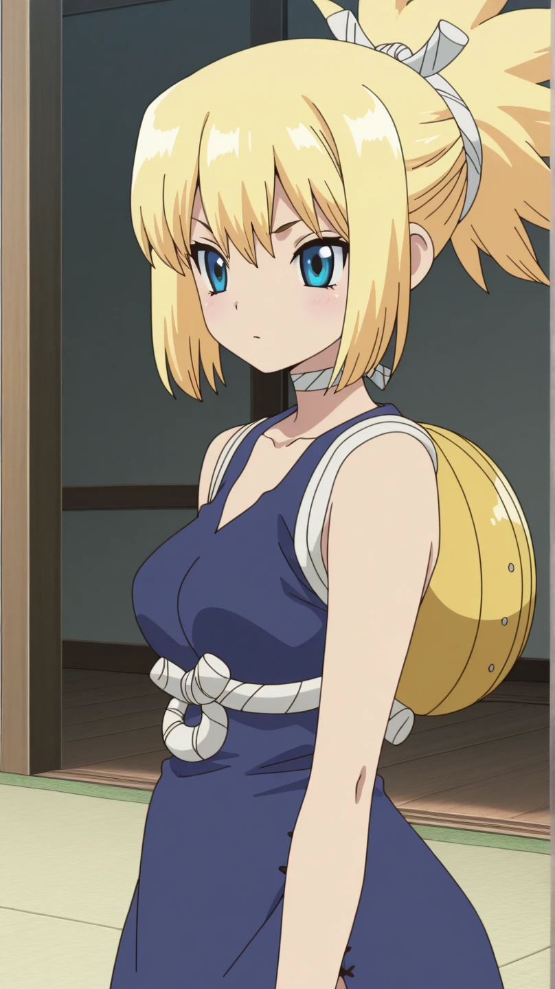 upper body, 1girl, sleeveless dress, cleavage, arms behind back, kohaku, blonde hair, blue eyes, small breasts, solo, wide hips, standing, <lora:kohaku-05:0.75> , simple background