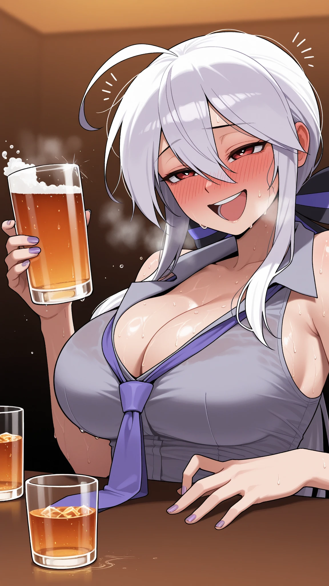 1girl, aegir \(azur lane\), azur lane \\\\\ masterpiece, best quality, very aesthetic, absurdres, newest \\\\\\ perfect anatomy, slim body, ,perfect hands, , , \\\\\\ by nyantcha,,by cutesexyrobutts,by khyle ///// , , , silvery white hair with a single prominent red streak , black horns, , , yellow eyes, ,, , big tits,,, ,,splash art, onsen, sunset,in water, ,put towel on body, hiding naked body with towel, naked towel, beer, see-through towel