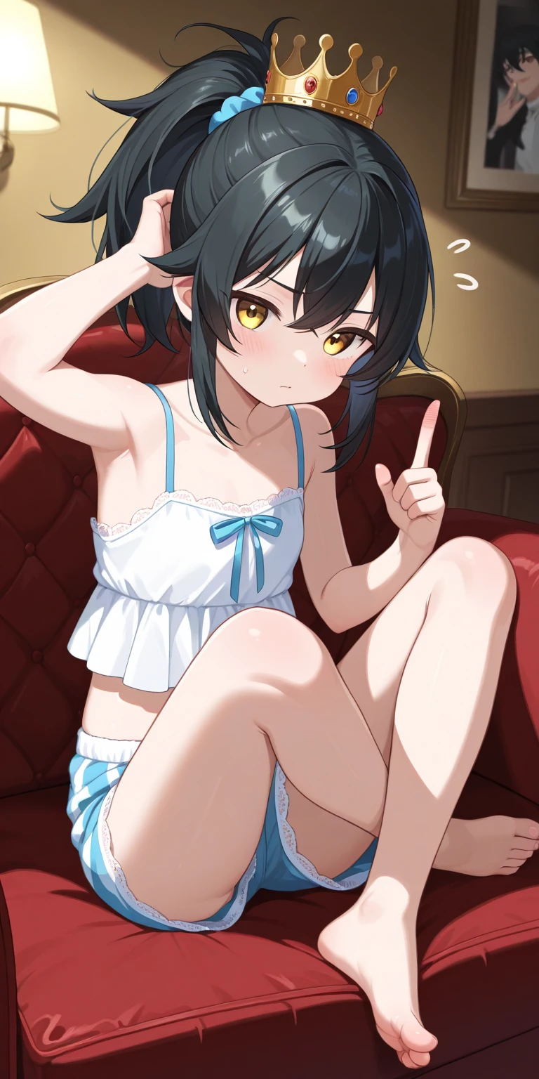 Hands Behind Back,Tied with hands behind back,from front,front view,looking at viewer, looking ahead,from above,cowboy shot,1girl,Beautiful 11 year old girl,Japanese,Slender,,low length,Small breasts,Thin legs,Small Ass,Baby Face,Small face,Black Hair,one side up,Gray Eyes,Drooping eyes,middle School girls,Collar with leash,A see-through black and blue negligee,Sexy Lingerie,open mouth,tongue out,front face,Kneeling,Straight Stand,Beautiful and detailed anime art,Desire expression,crave,Sexy vibe,cum on tongue,Dimly lit room,On the bed,Simple Background,Gray background,Low lighting,
