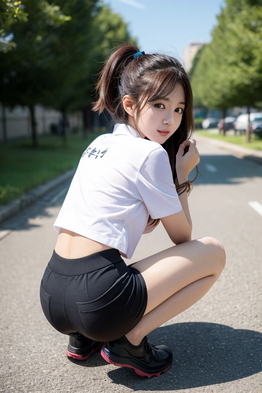 8K), (highest quality: 1.2), (realistic), (realistic: 1.37), ultra high resolution, (4 girls),(straight black hair), Giant Dulcefo, self snap,(White very small hot pants),Standing in the city at night, whole body,long legs,beautiful feet,From the back,(Super small ass:1.3),ponytail,The lower part of her buttocks is slightly exposed from her hot pants.,back view,(shot from behind:1.5),Baseball Shirts,whole bodyが雨に濡れて