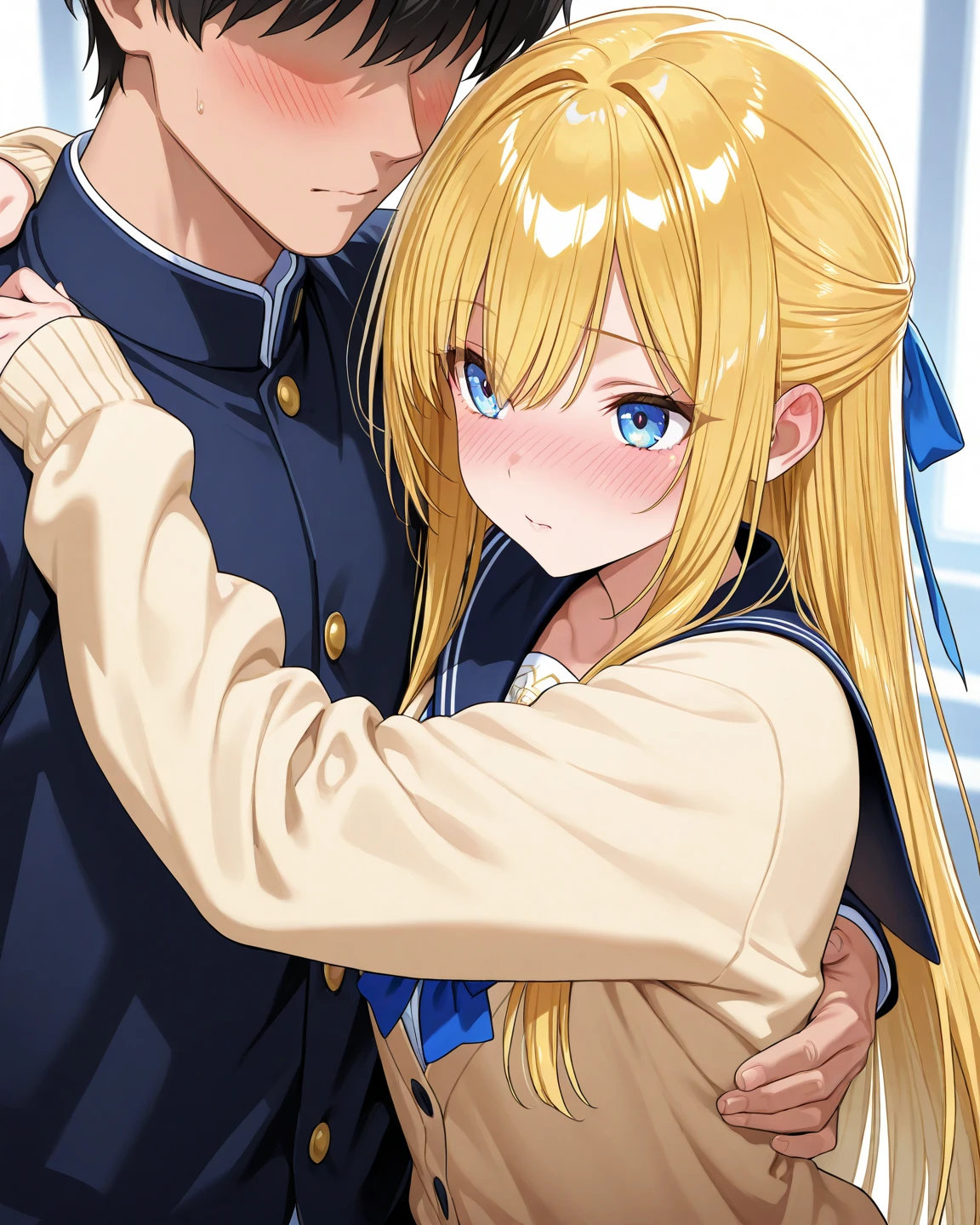 Beautiful long blonde　blue eyes　Embarrassing　Tears are overflowing from my eyes　A girl wearing a long-sleeved sailor suit　Pleated skirt　mini skirt　No underwear　fellatio　sidefellatio　from side　1boy