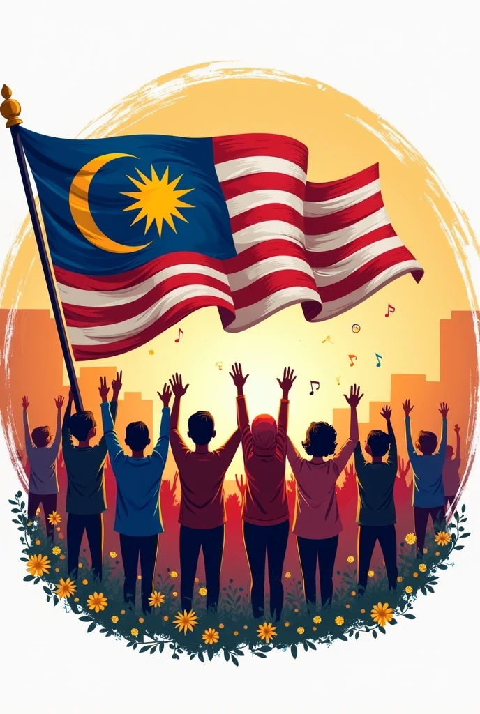 The background features the Malaysian flag flowing dynamically. The national flag of Malaysia, also known as the Stripes of Glory (Malay: Jalur Gemilang; is composed of a field of 14 alternating red and white stripes along the fly and a blue canton bearing a crescent and a 14-point star known as the Star Persekutuan (Federal Star). The 14 stripes, of equal width, represent the equal status in the federation of the 13 member states and the federal territories, while the 14 points of the star represent the unity among these entities. In the foreground, a diverse and enthusiastic Malaysian crowd is shown, with workers and everyday people proudly holding the flag. The poster should have a unique, modern artistic style, blending traditional Malaysian elements with contemporary design. Colors are bold, and the slogan 'Jiwa Merdeka' is prominently displayed in an elegant yet impactful font, capturing the spirit of independence and unity." Pop art poster