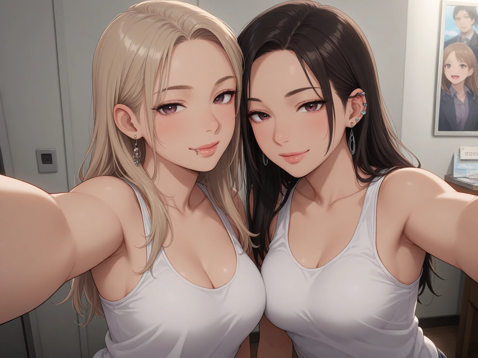 Realistic, 2 girls, selfie, face sitting on extra large zoom bed, face enhancement, smile, looking up, looking here, cleavage emphasis