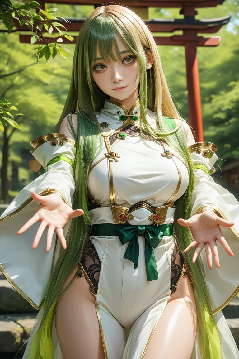 nsfw, masterpiece, super-fine, semi-realistic, detailed facial features, 1boy, dark green hair, long hair, wearing detailed and intricate martial arts costume, dignified, stepping on willow branches, with a halo behind it