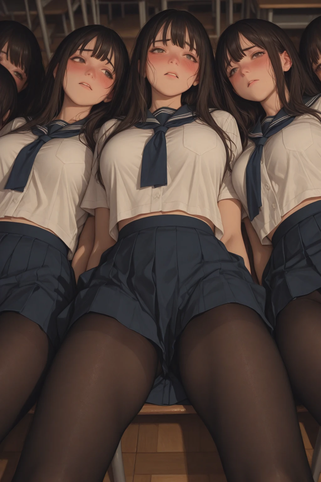 (masuter piece, Best Quality), , Black hair, , Petite, hi-school girl,cold-faced woman、 School uniform,、Straight long hair、(Middle parting hairstyles:1.4)、 up skirt, Lace pantie 、(a black skirt)、(long skirt:1.5)、、White socks、(I can see my panties:1.3)、sitting on、Sitting with your knees upright、、low angles、、accidental panty shot、Black uniform、(Cold expression:1.6),、Realistic body、To、A look of contempt,、Sunlight shines in, (Cold Face:1.8),(Ultra-detailed panties:1.9)、(Cameltoe:1.6)、(Ultra-realisticオマンコ:1.5),(Ultra-realisticアナル:1.5),(アナルLooks:1.6),(Panties show through:1.8),(Pubic hair is visible:1.5)、