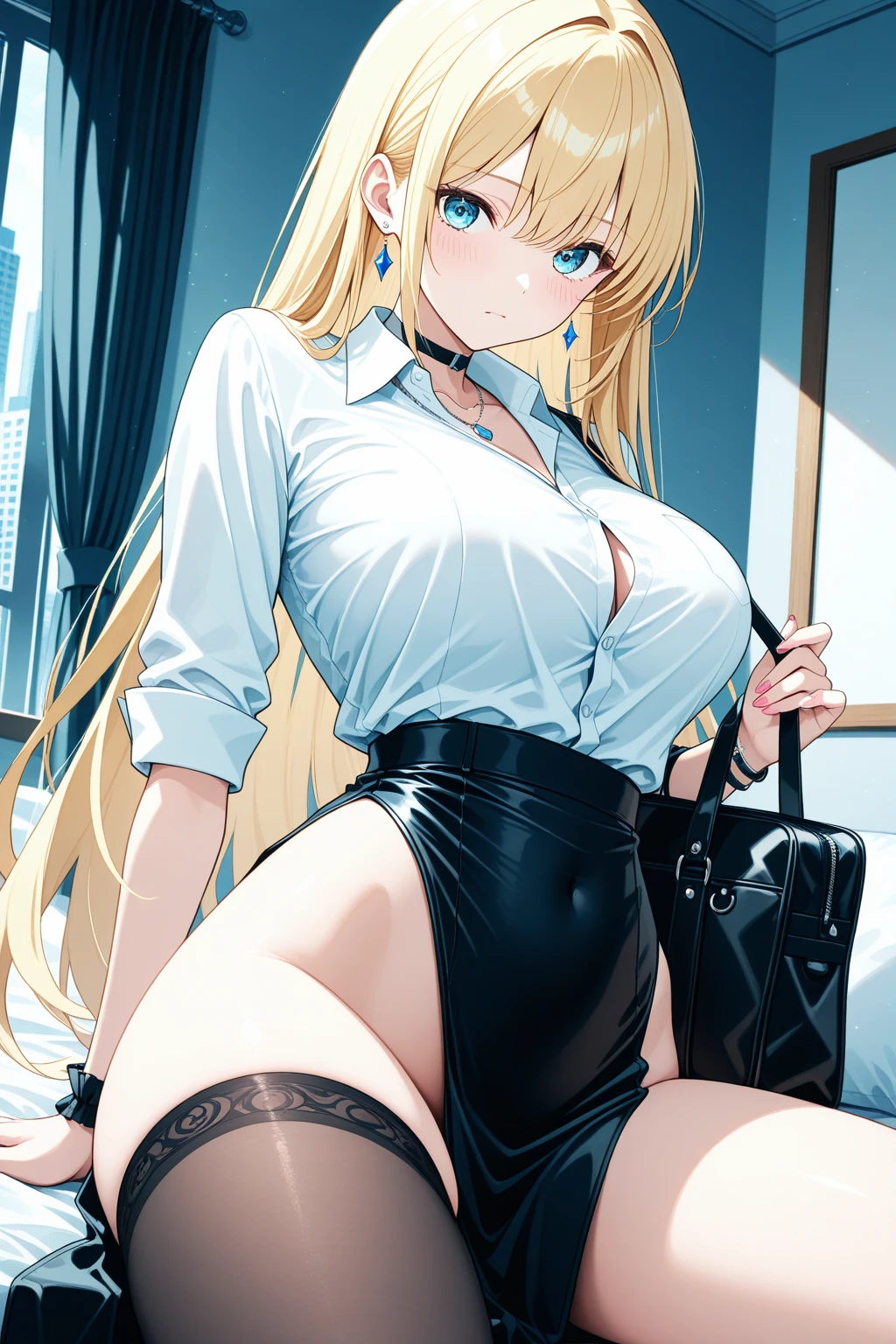 (bishop_Otoha:1.4), <lora:Watase_Otoha_lorav2:0.8>,
best quality, (photorealistic face:1.2),(8k), (4k),(Masterpiece), (Best Quality), extremely detailed, intricate, hyper detailed, illustration, Beautiful body,Beautiful Nose,Beautiful character design, perfect eyes, perfect face,
(1girl:1.3), mature female, milf, indoors, soft lighting, desk, office lady, (from above), (office), cubicle,
(blush),
black pantyhose, (white shirt), long sleeves, (high heels), (suit:1.4), lipstick, necklace, open clothes, open shirt, (lace-trimmed bra), (black bra), (covered nipples), (panties under pantyhose),
(lying), (spread legs:1.3), (hand on own chest:1.4), (disgust), closed mouth, blonde hair, looking at viewer, (blue eyes), very long hair, (wide_eyed),(huge breasts),