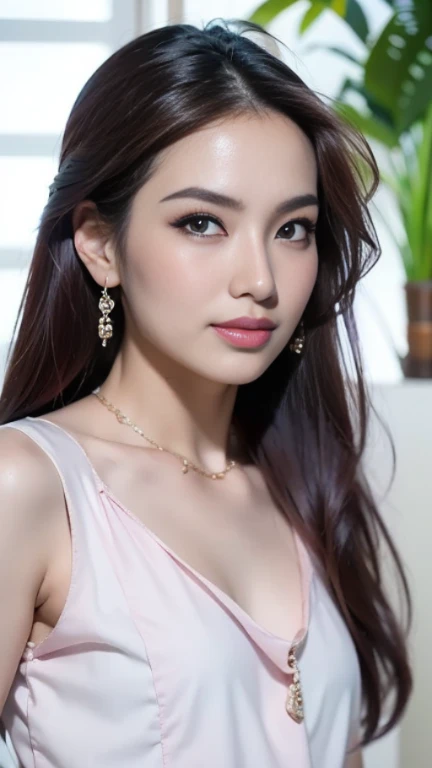 1 girl, Korean model, extremely beautiful, perfect body. The Canon EOS R5 200mm f/1.1 IS III USM camera adjusts to sharp shooting mode for landscapes and whole bodies of characters. 8K photo quality, lifelike, masterpiece, sharpest and highest contrast, super realistic color photos. Her hair is pink, long and smooth, the wind blows it beautifully under the bright sunlight. Beautiful face, perfect and sexy, holy, perfectly proportioned, beautiful in every detail, ((shiny)), high-end cosmetic makeup. Bright smile, pure white teeth and details. Attractive glossy red lips, brilliant glossy red lipstick. Brown eyes, glossy, seductive, ((sharp makeup)), realistic, ((wet eyes)), detailed. Pink eyeshadow, long eyelashes, blush, high-end cosmetics. Two delicate eyelids, perfectly beautiful and detailed, black eyelashes. Eyebrows are curved, sparse, sharp and detailed. High and detailed nose. Cheeks are prominent and detailed. ((Bright white skin)), detailed pores, shiny skin, smooth skin. Long, shiny legs. Hands are beautiful, perfect, ((no flaws)), no defects. Complex light, yellow-black rays, ((lights the face)), sparkling sunlight, ((lights the girl's body)). Gold and silver earrings, diamond necklace, emerald belt, Rolex watch.
Latest 2024 fashion style, hot atmosphere, cinematic lighting, eye-catching, large depth of field, stereoscopic lighting, modern street detailed background. ((Full body photo of the girl from head to toe)) standing on a crowded street, her chest exposed.