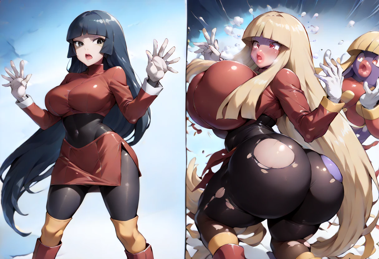 two cartoon images of a woman with a big breast and a woman with a big breast, ecchi anime style, fullbody commission for, mighty plump female sorceress, cel - shaded art style, commission for high res, guilty gear art style, shining gold and black and red, oppai proportions, inspired by Wang Duo, two different characters, mother and daughter, UHD, retina, masterpiece, ccurate, anatomically correct, textured skin, super detail, high details, high quality, award winning, best quality, highres, HD, 4K, 8k, nsfw, latex, leotard, platform heels, boots, sfw version, , super detail, 4K, HD, highres, best quality, award winning, high quality, high details, super detail, textured skin, anatomically correct, ccurate, masterpiece, retina, UHD, hyper detail, hyper detailed face, thicc, biomechanical oppai, oppai, thicc, oppai proportions, nsfw, platform heels, bimbo, (massive lips: 1.3) and (silicon lips:1.3), thick lips, 8k, super detail, 4K, HD, highres, best quality, award winning, high quality, high details, super detail, textured skin, anatomically correct, ccurate, masterpiece, retina, UHD, hyper detail, hyper detailed face, thicc, biomechanical oppai, oppai, thicc, oppai proportions, nsfw, platform heels, bimbo, (massive lips: 1.3) and (silicon lips:1.3), thick lips, dollsuit, highly detailed face, ((best quality)), ((masterpiece)), (detailed),nsfw, photorealistic, ultra high res, intricate, hyperdetailed, (skindentation), detailed body , (detailed face:1.1), (outlined iris), (hidrocor lenses), (perfect eyes), 4k, beautiful, :1.3, (massive lips: 1.3) (parted lips:1.3) and (silicon lips:1.3), (thick lips:1.3), [symmetrical:0.8], detailed body , (detailed face:1.1), (outlined iris), (hidrocor lenses), (perfect eyes), 4k, beautiful, (masterpiece:1.2), (best quality:1.2), insanely inflated lips, insanely inflated hips, dollsuit