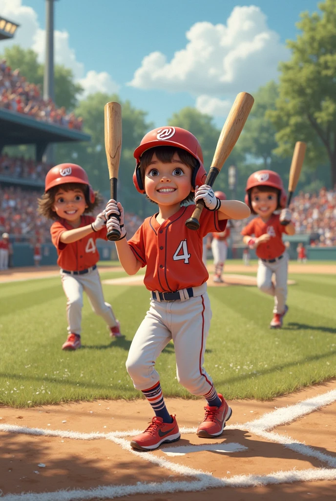 Very cute boy baseball player holding bat in hand baseball player white hat jersey sneakers very cute smiling looking at the audience
( perfect anatomy ) Beautiful and extremely fine texture,detailed, bright, Animation style high definition and high quality presentation,There should be 9 baseball players with different actions.