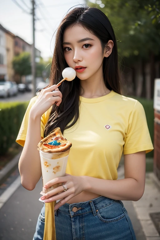 highest quality、4K、Perfect Face、Perfect Style、perfect body、Sunburn、beautiful lady、mature、long curly layer brown hair、Swept-back hair、full body, sexy 、charming、healthy、baseball cap with a curved、giddy-smile、jeans、green shirt、at amusement park、eating ice cream
