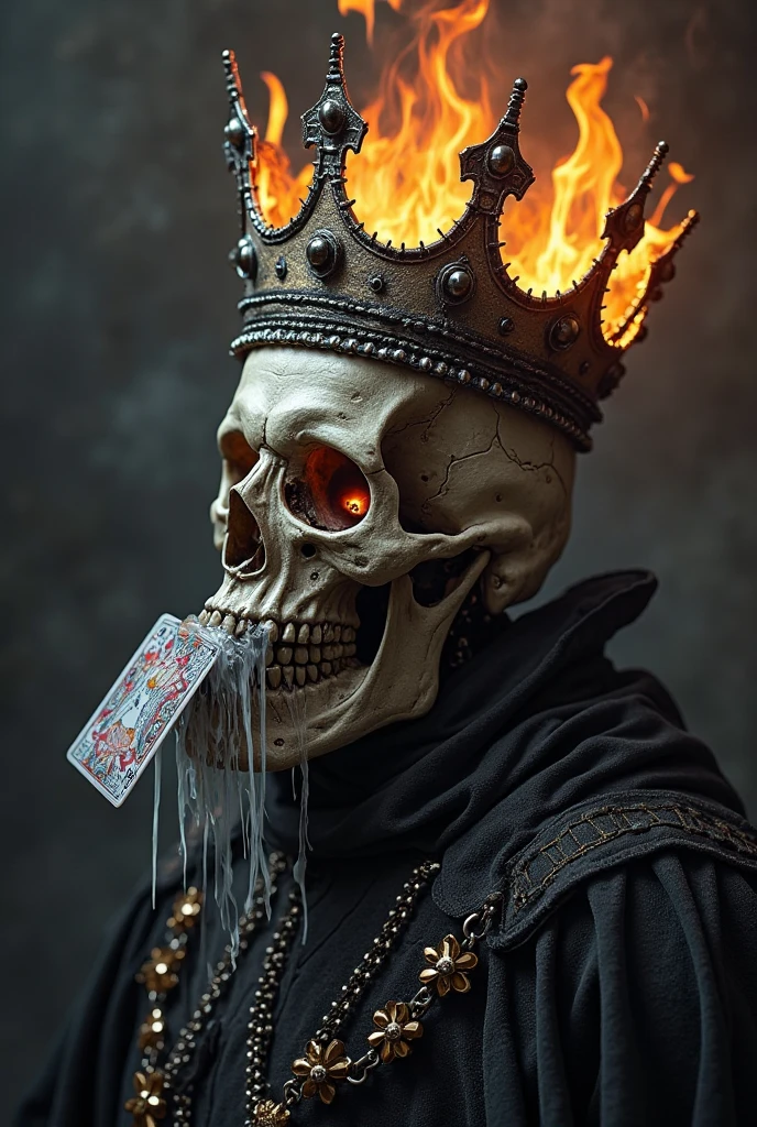(((Create a hauntingly realistic 8K scene where a skeleton, who is wearing an ornate jeweled king's crown, is buried underground))),( dust cascading around him, as he fixes a chilling gaze upon the camera. he is wearing a large shiny silver chain necklace and wearing an expensive large watch on his wrist. he is wearing a tattered camouflage army coat, He is laughing))),(( black background, billowing smoke))) (reaching out towards camera), 8k, paint splatter, dripping ink), ((Dripping paint, dripping ink, 8k,highly detailed)), [colors black, gray, bronze, red], ((single light shining down)),((chaotic art style, splatter paint art, dark setting)), album cover, ((( Buried in dirt))), king, aggressive