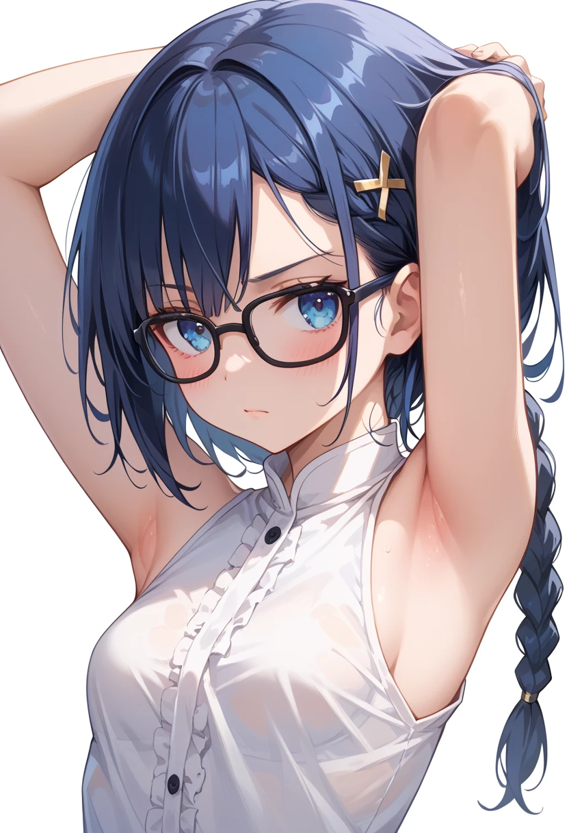片手でglassesをずらす少女、1 girl、young girl、blue hair、short bob、Long bangs on the right side、Upper body、view from above、big breasts、show me your armpits、Armpit、stick out tongue、glasses、Wet T-shirt