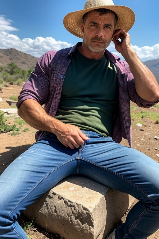 A young man in a white shirt and a medieval leather vest, smiling, walks along a cliff. In one hand he holds a travel bag and in the other a traveler's stick. Behind him are summer fields, a road and an ornamental sun. Colors are gold, brown, green, red, white.
(top quality, masterpiece), handsome boy, photo of a handsome man, a boy, perfect and beautiful legs, highly detailed face, detailed lips, fine eyes, double eyelids (sexual arousal: 1.5)), male shots swaying upwards (blonde hair with brown eyes of a guy immediately curly with legs spread), hairy pectoral legs wide open (shirt open: 1.3), thighs (focus on large erect penis: 1.2),