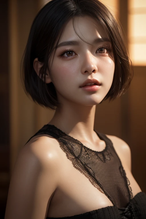 8k, Ultra-high resolution, Highest quality, masterpiece, 三分割法によるphotograph,Surreal, photograph, 1 Girl, (16 years old:1.3), pretty girl, Cute Face, Beautiful eyes in every detail, 細かくdetailedに,masterpiece,One Girl:1.2,Japanese female announcer,upper body,Serious expression,Black short hair,Bob with bangs,White lace lingerie, See through, Look forward, Standing posture, Opposition, Dynamic Lighting,Hotel room、 Sharp contours, Light from above, Low contrast, (Side view),Perfect and beautiful face ,完璧でCute Face, Skin with attention to detail, Perfect limbs、Narrow waist,Looking at the audience,(((Ideal body type))),A cup small breasts :2,Portraiture:2,Perfect Anatomy,鮮明なdetailed,detailed,Surreal,Light and shadow,stage lights