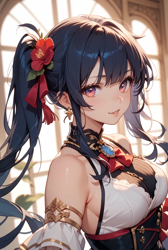 Anime style beutiful woman, 1girl,fullbody, happy, (with sparkling eyes and a contagious smile:1.2), red face, closed mouth, beautiful detailed eyes, super detailed skin, backlighting, bare shoulders, black background, black dress, black gloves, black hair, breasts, dress, earrings, fingerless gloves, floating hair, floral print, flower, gloves, gold earrings, gold hairband, hair flower, hair ornament, hairband, holding, holding weapon, jewelry, large breasts, long hair, looking at viewer, off-shoulder dress, off shoulder,red eyes, short hair with long locks, sidelocks, solo, spikes, thighs, two-sided dress, two-sided fabric, weapon, fighting stance , face, close up, from above, highest quality, high resolution,Real World, Natural light,perfect Natural light,looking at viewer,