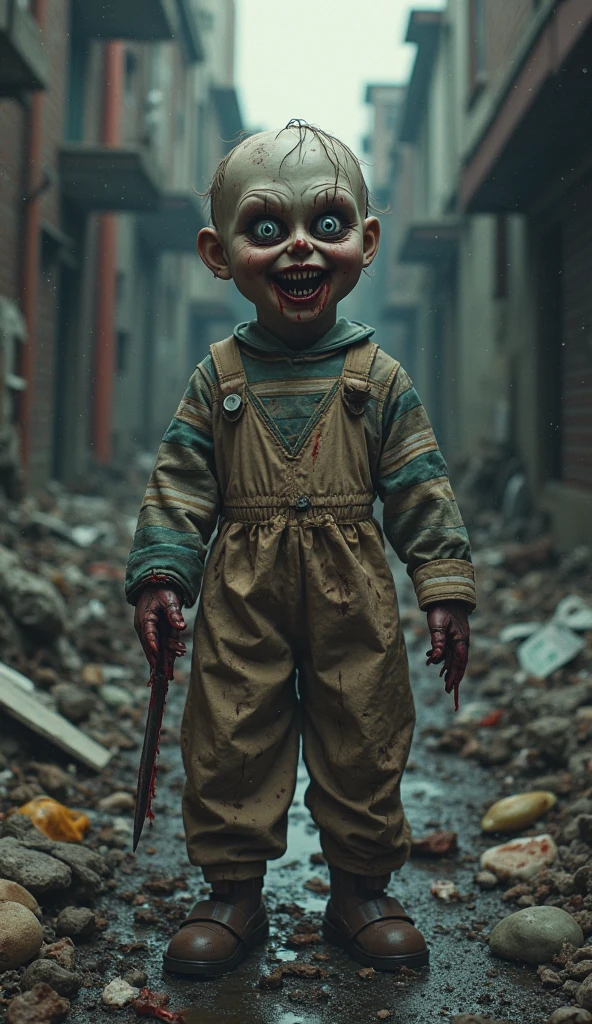 Evil Little girl clown,  large knife at her side,  covered in blood and dirt on a suburban street