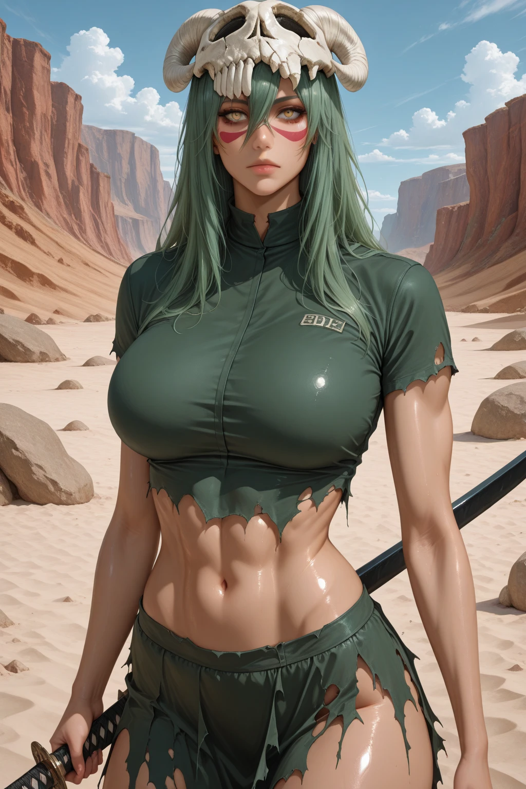 1 hyper realistic girl, big breasts, long blue hair, dressed as a fighter pilot in desert camouflage, battle pose, bulging belly, muscular legs, fighter planes in the background