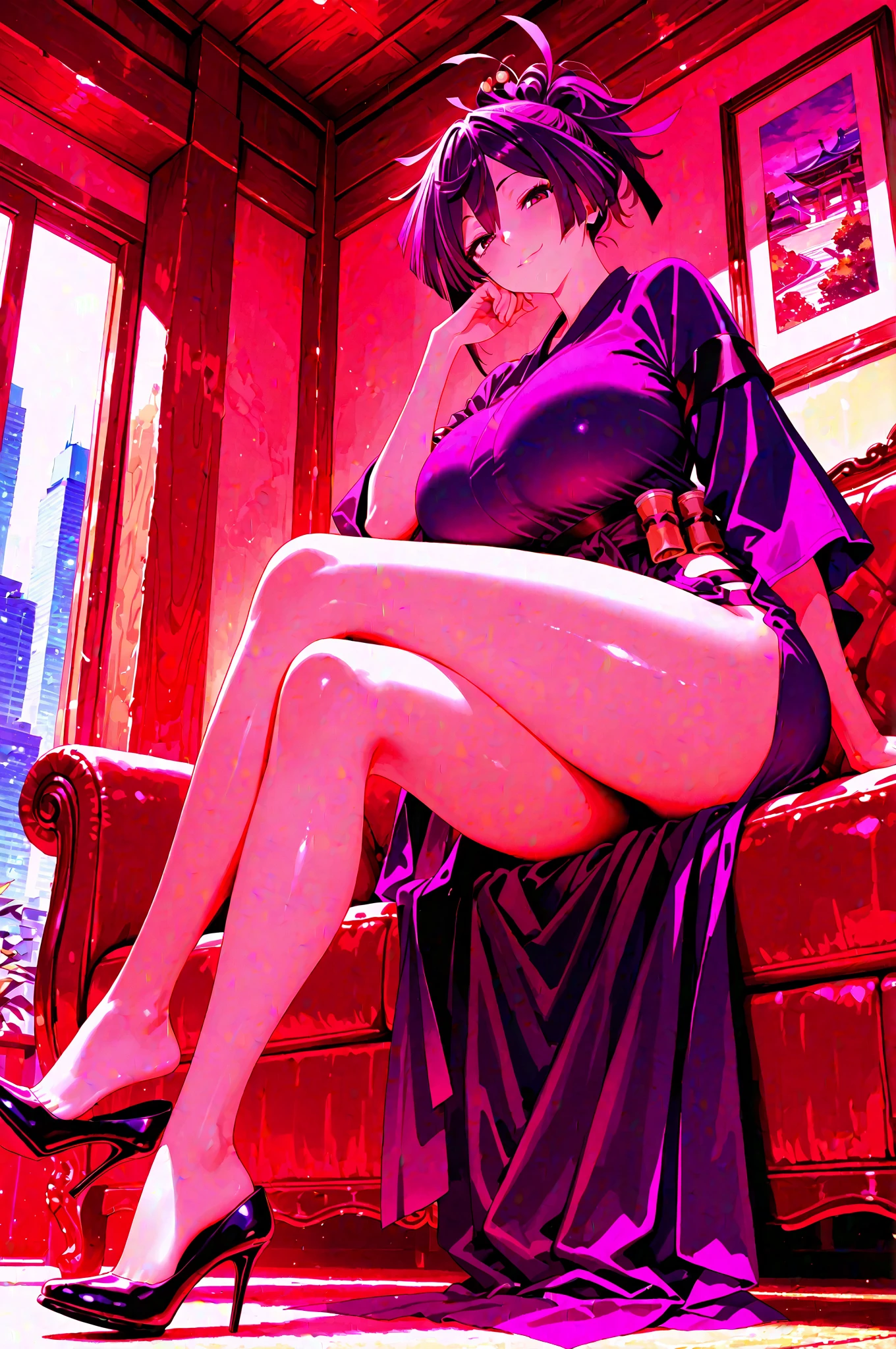 score_9, score_8_up, score_7_up, Expressiveh, Oboro, 1girl, solo focus, mature female, wine, luxury room, window, rain, night, city lights, looking at viewer, smirk, tyrian purple bob hair, blunt bangs, eyeshadow, lipstick, makeup, red eyes, revealing red long dress, bare shoulders, red elbow gloves, deep cleavage cut out down to lower navel, thighs, necklace, nsfw, indoors, sitting on the corner of a window, presenting toes to viewer, cum between spread toes, view from below