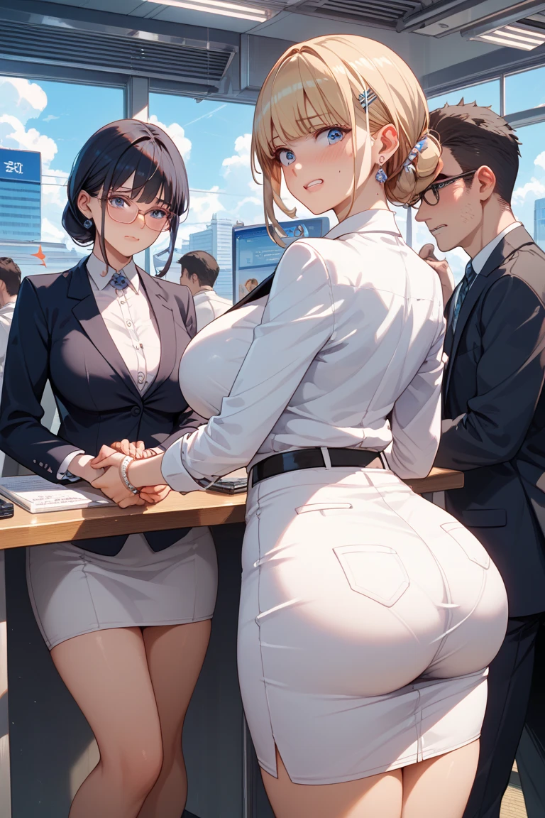 one person、masterpiece、highest quality、Super detailed、High resolution illustrations、Improve skin quality、Increase eye appeal、Drawn in detail、Perfect body structure、Old woman、Business suit and tight skirt、Back view、look back、Lift up the skirt、Showing off plain-looking panties、Are thin、Tall、Small butt、Skin blemishes、Skin wrinkles、Aged skin、Wrinkled skin、Business district、Embarrassing、Shy laugh、Sweat it out、Sigh、Heat、Dark Eyes、Downcast eyes、mole、