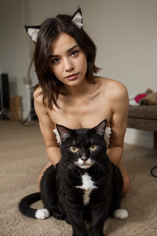uma jovem garota, de 1,60 m , dressed up as a sexy cat, with cat cause, witheout panties
