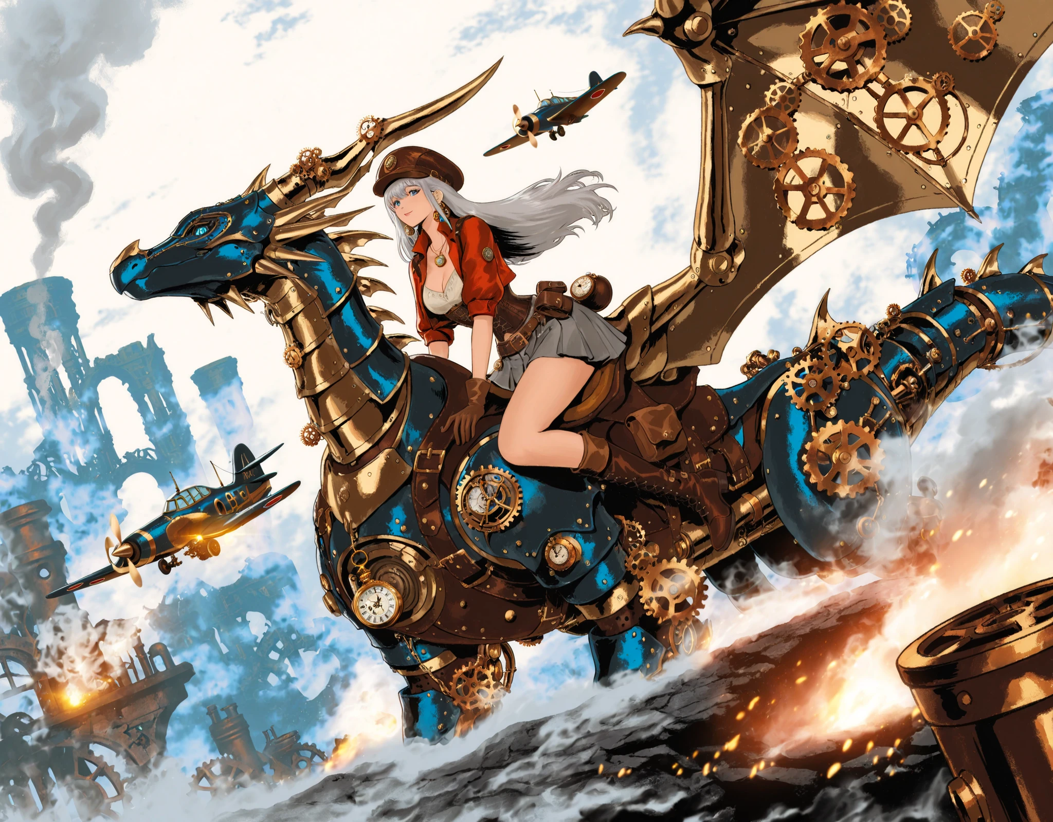 riding on a steampunk Dragon,long hair,slightly random hairstyle,Hair color is silver,A color reminiscent of metal,girl,decorated with metal parts,lens part is amber,Gears and small pipes,cropped cap,leather corset、Best、short jacket,The shirt is a puff sleeve,belt、Pouch、lots of small items such as chains,The skirt has an asymmetrical design and lace、accents,with a small light on the tip,gear earrings,pocket watch pendant,leather gloves and boots,The background is a huge cog with steam rising and a huge mechanical ruins,color palette is gray,silver,iron,brass} Metallic colors such as dark gray,white of steam and smoke,steampunk style planes,mechanical Dragons,small animals that move with steam(small animals that move with steam)Feet,grab the cog Is an illustration of a steampunk girl riding on a steampunk Dragon,blue eyes full of curiosity, Very Detailed Line Drawing, full body,James Jean Soft Light 4k, James Jean Softlight 4k, A fantastic anime that feels like a dream, lo-fi anime vibes, Reusch art style, Moebius artwork, Moebius Art, Jean Giraud(Moebius)flashback perspective, Inspired by Mattias Adolfsson, スタイルのJean Giraud・Moebius , ジブリ Moebius, comic book artist Moebius,Playful and vibrant atmosphere, Flat, white illustration style, High Contrast Color, digital art,dutch angle, Cleavage,dynamic pose