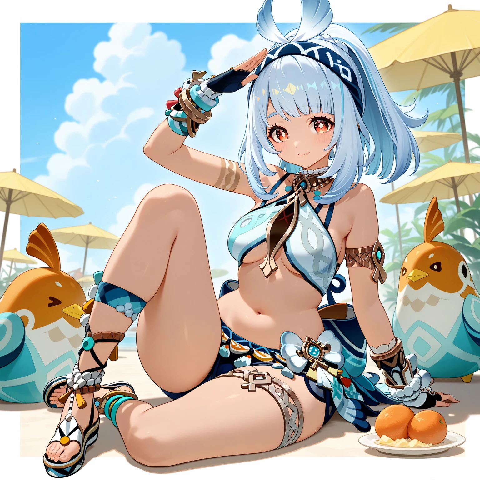 Be red in the face， exteriors， In the daytime， simple backgound， blue-sky， Rippled hair， Skysky， Lori， The expression is cute，Small short legs，pantiess，nabel，Skirt bottom，look from down，Candid camera,Crop top with an open belly