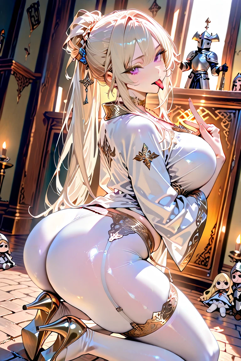 Gwyndolin, ((short white hair, gold mask,covered eyes, gold jewelry, makeup, narrow waist, skinny, medium breasts)), pelvic curtain, ((white panties, white bra)), full body, perfect body, (insanely detailed, beautiful detailed face, masterpiece, best quality) , (((solo))), (((1girl))), (((mature))), (extremely detailed 8k paper CG wall unit: 1.1), (bed, bedroom, night), (smile face for the viewer), from below, underbutt, behind, from back