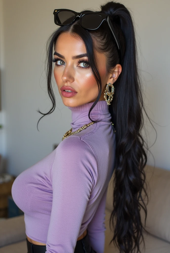 slim soft body, long brown hair with purple highlights, ponytail, blue eyes, blush, black eyeliner, ((full body))