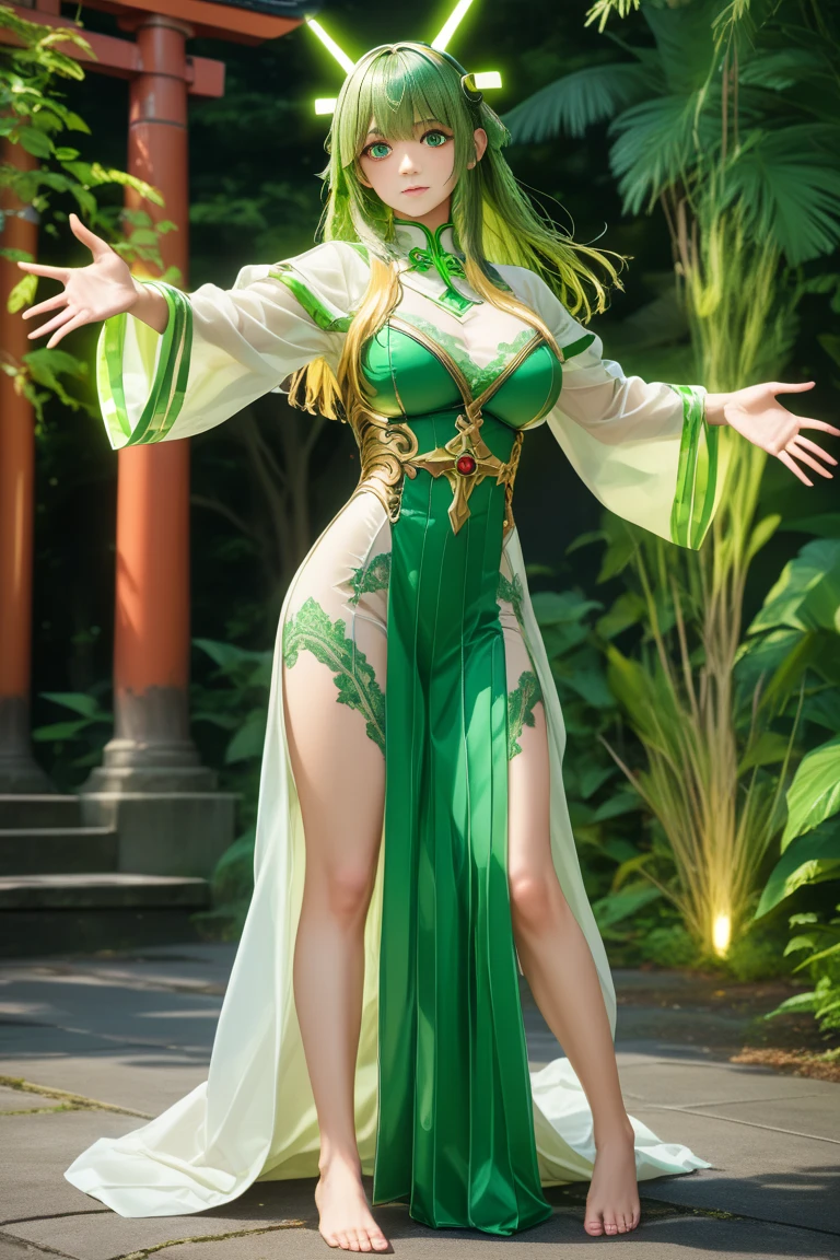 Attack style, holding fan, In place of the dragon statue, Small smile expression, wearing a Chinese green short dress, heels, beautiful eyes, perfect face, full body, artwork, green eyes, (((wearing a bikini very sexy))), (shapely legs), eye reflection, glowing eyes, anime style, Cinematic lighting, ray tracing, canon, Ultra HD, artwork, 8k