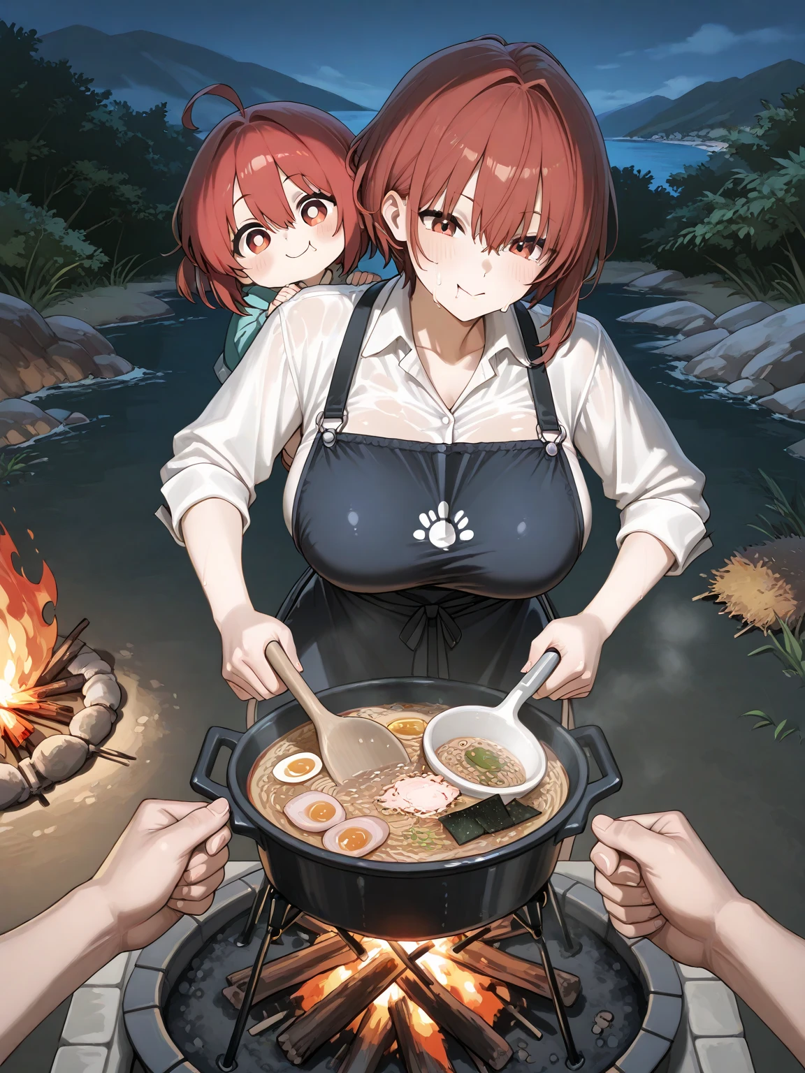 (nsfw, nude, naked, 1girl, solo) megumin , short hair, sidelocks, brown hair, red eyes, nipple、 , cooking, large breasts、 flooding、 Abandoned amusement park、 fire、 heavy snowfall、 frozen、 file, crying、 whole body