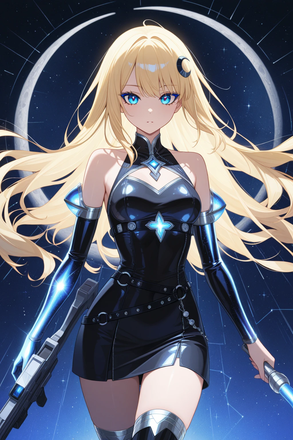 anime, cyberpunk \(theme\), masterpiece, best quality, 1girl, long hair, blonde hair, aqua eyes, small breasts,
holographic interface, holographic clothing, glowing, see-through, shiny clothes, evening gown, side slit,
city lights, wind, cowboy shot, close-up, dynamic pose,
airship descending in background,